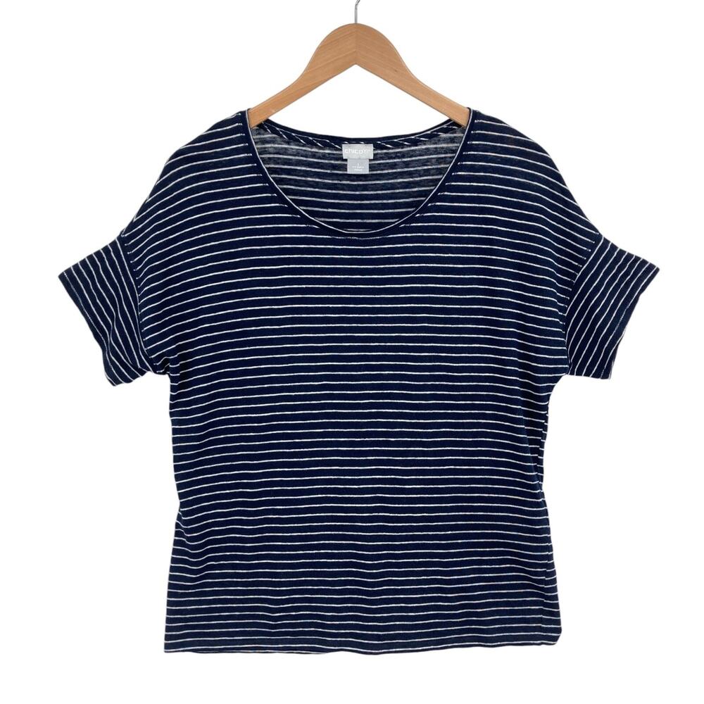 Chico’s T Shirt Top Womens Medium Navy Striped Short Sleeve Round Neck Pullover